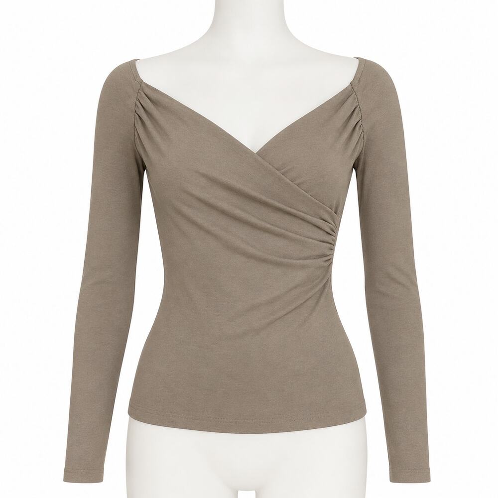 OGL Women's Taupe Ruched Surplice Long Sleeve Top - Size XS